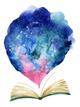 Watercolor Open Book With Magic Cloud.