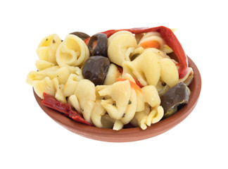 Small bowl of rotini pasta salad on a white background.
