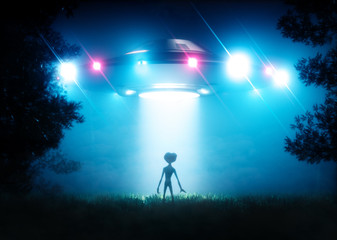The ufo hovering over the alien visitor - obrazy, fototapety, plakaty