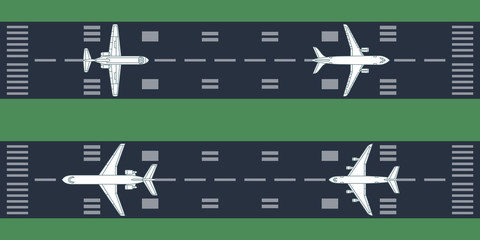 Airplanes at runway. Vector illustration. Each object is grouped individually. 