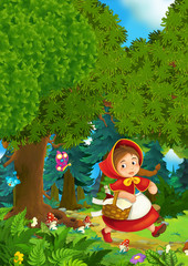 Obraz na płótnie Canvas Cartoon scene on a happy girl inside colorful forest - illustration for children