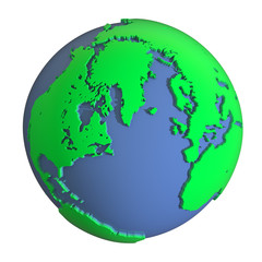  緑色の陸地と青い海の立体的な地球の3Dレンダリング画像