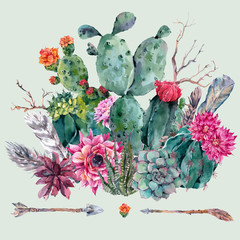 Watercolor cactus, succulent, flowers © depiano