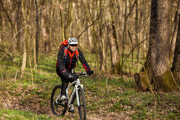 Cyclist Riding the Bike on a Trail in Summer Forest
