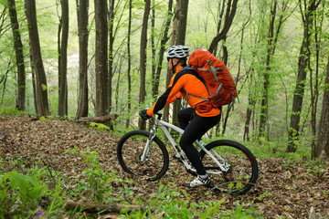 Naklejka premium Biker on the forest road