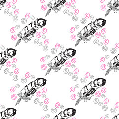 Seamless pattern with feathers and  beads on white background.