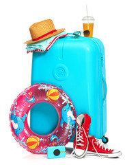 The blue suitcase, sneakers, hat and rubber ring on white background.