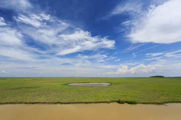 Blue skies, white clouds, green grass, & open range land dominate in Thailand