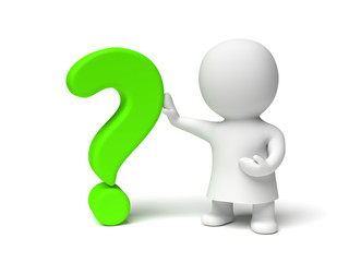 white human 3d character wearing a gown holding a green question mark  (3D illustration isolated on a white background)