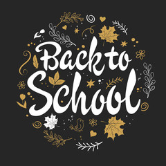 vector hand drawn back to school lettering with branches, swirls, flowers, leafs and greetings label. Can be used as card or poster