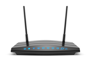 Wireless wi-fi black router with two antennas and blue indicator - obrazy, fototapety, plakaty