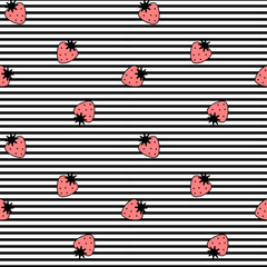 cute black white stripes seamless vector pattern background illustration with strawberry