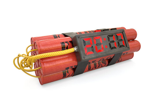 Explosives with alarm clock 2017 detonator isolated on white bac