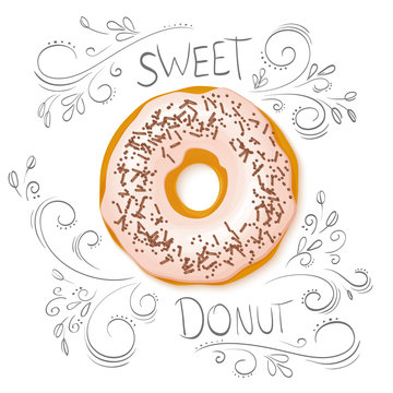 vector illustration of realistic isolated sweet donut on top view with hand drawn curly leaves and branches