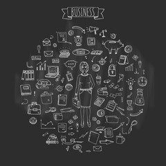 Hand drawn doodle Business set. Vector illustration. Finance and communication icons. Economic charts symbols collection. Freehand elements: money, telephone, laptop, bag, arrow, clock. Business lady.