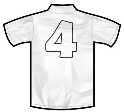 Number 4 four white sport shirt as a soccer,hockey,basket,rugby, baseball, volley or football team t-shirt. Like German or England or USA national team