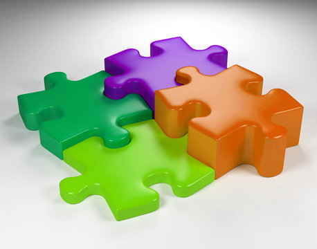 four colorful interlocking jigsaw puzzle pieces of different heights on a white surface