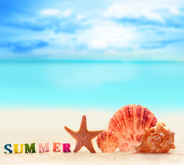 Fototapeta na wymiar Word summer of color letters on a summer beach