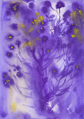 Watercolor wet style painting of abstract misty violet flowers on textured paper