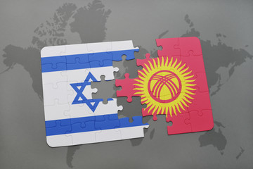 puzzle with the national flag of israel and kyrgyzstan on a world map background.