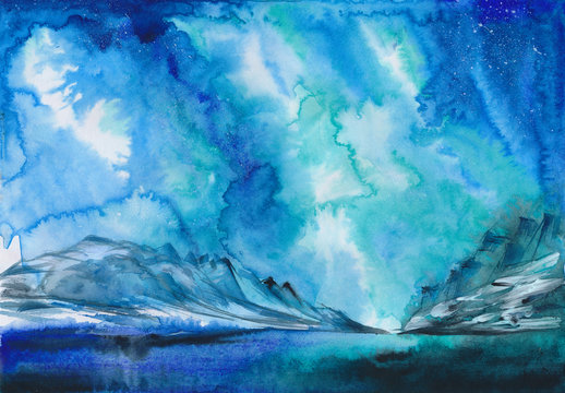 Beautiful Aurora winter landscape with snowy hills in the distance. Watercolor painting.