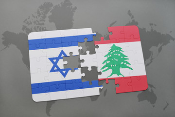 puzzle with the national flag of israel and lebanon on a world map background.