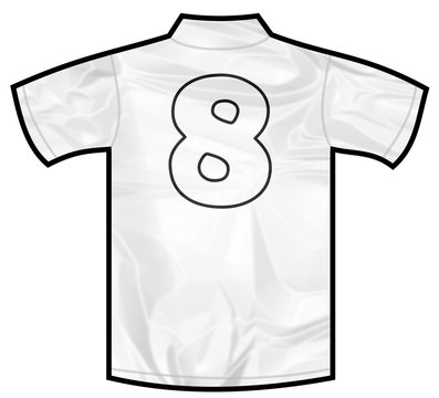 Number 8 eight white sport shirt as a soccer,hockey,basket,rugby, baseball, volley or football team t-shirt. Like German or England or USA national team