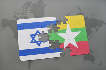 puzzle with the national flag of israel and myanmar on a world map background.