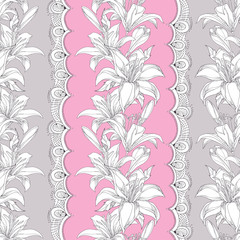 Seamless pattern with ornate white Lily flower, bud, leaves and decorative white lace on the pink background. Elegance floral background with lilies in contour style for summer design.