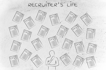 doubtful recruiter surrounded by lots of resumes