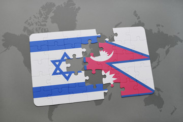 puzzle with the national flag of israel and nepal on a world map background.