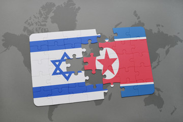 puzzle with the national flag of israel and north korea on a world map background.