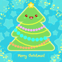 Christmas Card with Christmas Tree in Kawaii style