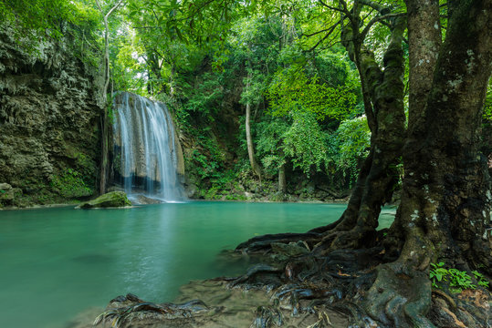 Green and clean waterfall , Erawan waterfall , Loacated Kanjanaburi Province , Thailand