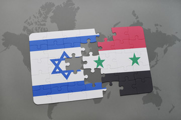 puzzle with the national flag of israel and syria on a world map background.