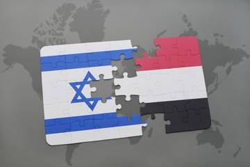 puzzle with the national flag of israel and yemen on a world map background.