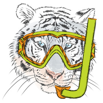 Tiger in a mask for diving. Vacation and sea. Swimming. Sport.