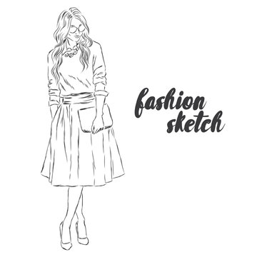 Vector girl in a skirt. Fashion sketch.