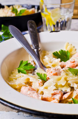 Pasta farfalle with salmon
