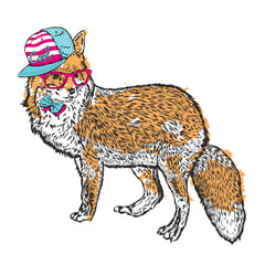 Beautiful fox wearing a cap, sunglasses and tie. Vector illustration for greeting card, poster, or print on clothes. Fashion & Style. Hipster.