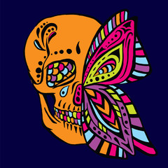Skull and butterfly wing. Colorful doodle. Vector illustration for greeting card, poster, or print on clothes.