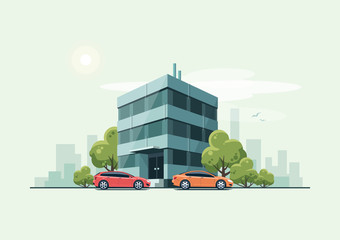 Vector illustration of modern business office building with green trees and cars parked in front of the workplace in cartoon style. House has glass facade. City skyline on green turquoise background.