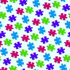 seamless jigsaw puzzle pieces in shades of pink, purple, green and blue on a bright surface