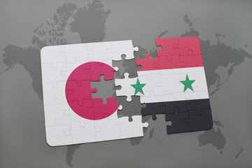 puzzle with the national flag of japan and syria on a world map background.