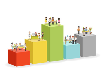 Bar chart with business people working with computer. Office workspace with desks. Hierarchy chart. Infographic design. - obrazy, fototapety, plakaty
