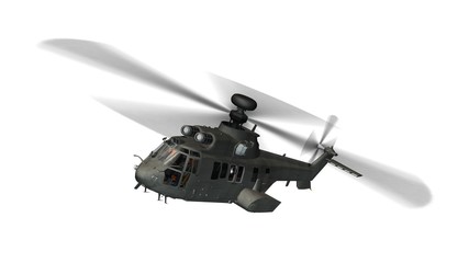 vojni helikopter u letu izoliran na bijelom