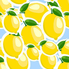 Pattern. lemon and leaves different sizes on blue background.
