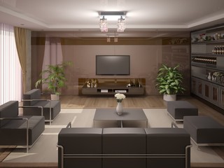 
Comfortable modern living room with stylish rear background.