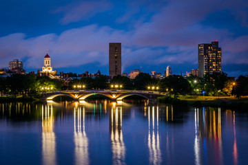 The John W Weeks Bridge and Charles River at night, in Cambridge