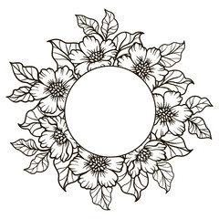 Fototapeta premium vector, contour, black and white illustration, abstraction, round frame, flowers, wreath, leaves, summer